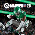 Ein Footballspieler in einem grünen Trikot springt über einen Verteidiger, entschlossen zu gewinnen. Das volle Stadion brüllt hinter ihm. Das MADDEN NFL 26-Logo leuchtet oben in der Mitte, das NFLPA-Logo in der linken unteren Ecke. Diese Beschreibung wurde mit der FootballR KI automatisch generiert.