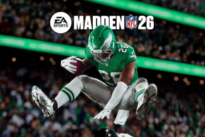 Ein Footballspieler in einem grünen Trikot springt über einen Verteidiger, entschlossen zu gewinnen. Das volle Stadion brüllt hinter ihm. Das MADDEN NFL 26-Logo leuchtet oben in der Mitte, das NFLPA-Logo in der linken unteren Ecke. Diese Beschreibung wurde mit der FootballR KI automatisch generiert.
