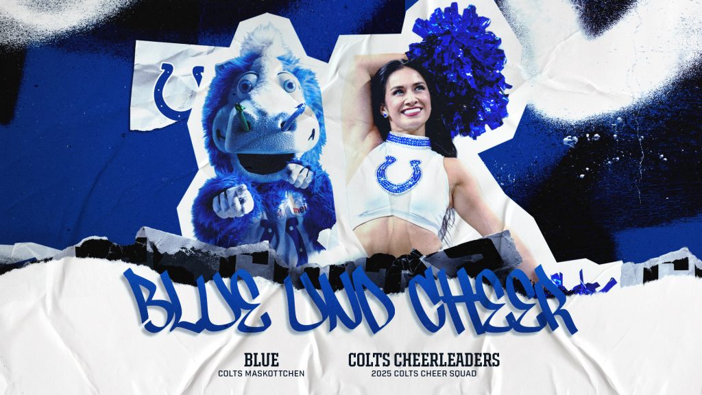 Ein blaues Pferdemaskottchen in einem Colts-Trikot steht neben einer lächelnden Colts-Cheerleaderin in Weiß, die blaue Pompons in der Hand hält. Vor einem plakativen blau-weißen "Blue and Cheer"-Hintergrund begrüßen sie die Fans in der Colts-Fanzone in Berlin als Blue und ein 2025 Colts-Cheerleader. Diese Beschreibung wurde mit der FootballR KI automatisch generiert.