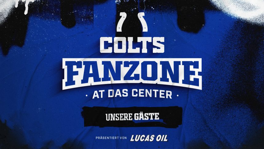 Eine auffällige Grafik mit blauem und schwarzem Farbklecks-Hintergrund stellt die Colts Fanzone in Berlin dar. Der Text lautet: "COLTS FANZONE AT DAS CENTER UNSERE GÄSTE", darunter "PRÄSENTIERT VON LUCAS OIL" in dynamischer, sportlicher Schrift und düsterem Look. Diese Beschreibung wurde mit der FootballR KI automatisch generiert.