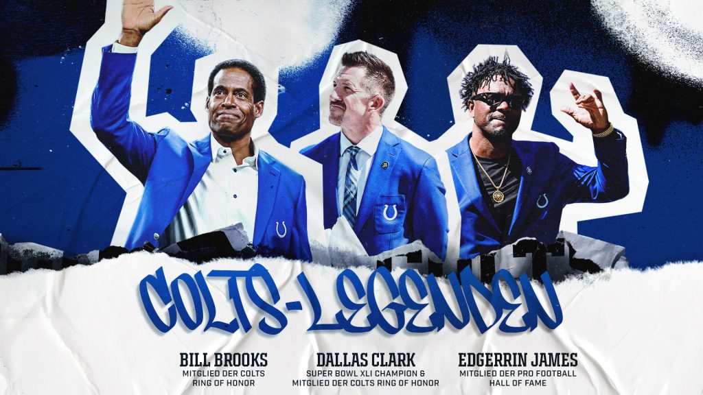 Die Grafik zeigt drei Männer in blauen Anzügen vor einem blau-weißen Hintergrund. Der Text lautet "COLTS LEGENDS" mit ihren Namen und Auszeichnungen - perfekt für jede Colts-Fanzone, um Legenden wie Bill Brooks, Dallas Clark und Edgerrin James zu feiern. Diese Beschreibung wurde mit der FootballR KI automatisch generiert.