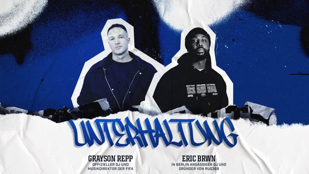 Zwei Männer stehen vor einem abstrakten blau-weißen Hintergrund in Berlin. Der Text im Graffiti-Stil lautet "UNTERHALTUNG". Die Bildunterschriften zeigen Grayson Repp (links) und Eric Brwn (rechts), die die Stimmung der Colts Fanzone in die Stadt bringen. Diese Beschreibung wurde mit der FootballR KI automatisch generiert.