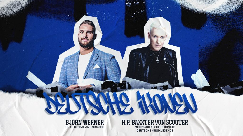 Zwei Männer stehen vor einem blau-weißen Hintergrund mit zerrissenen Papierrändern. Links: Björn Werner in einem blauen Anzug, lächelnd. Rechts: H.P. Baxxter in Schwarz, darunter die seriösen Namen mit der fetten Graffiti-Schrift "DEUTSCHE IKONEN" und einer Anspielung auf die Berliner Colts Fanzone. Diese Beschreibung wurde mit der FootballR KI automatisch generiert.