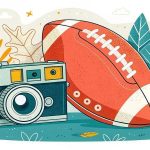 Illustration einer Vintage-Kamera und eines American Football, der im Gras liegt. Bunte Herbstblätter in Gelb-, Orange- und Teal-Tönen sind im Hintergrund verstreut und schaffen eine verspielte und nostalgische Szene im Freien. Diese Beschreibung wurde mit der FootballR KI automatisch generiert.