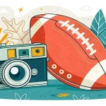 Illustration einer Vintage-Kamera und eines American Football, der im Gras liegt. Bunte Herbstblätter in Gelb-, Orange- und Teal-Tönen sind im Hintergrund verstreut und schaffen eine verspielte und nostalgische Szene im Freien. Diese Beschreibung wurde mit der FootballR KI automatisch generiert.
