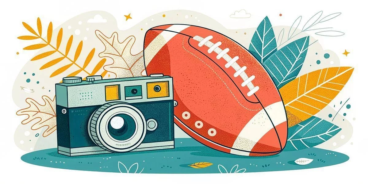 Illustration einer Vintage-Kamera und eines American Football, der im Gras liegt. Bunte Herbstblätter in Gelb-, Orange- und Teal-Tönen sind im Hintergrund verstreut und schaffen eine verspielte und nostalgische Szene im Freien. Diese Beschreibung wurde mit der FootballR KI automatisch generiert.
