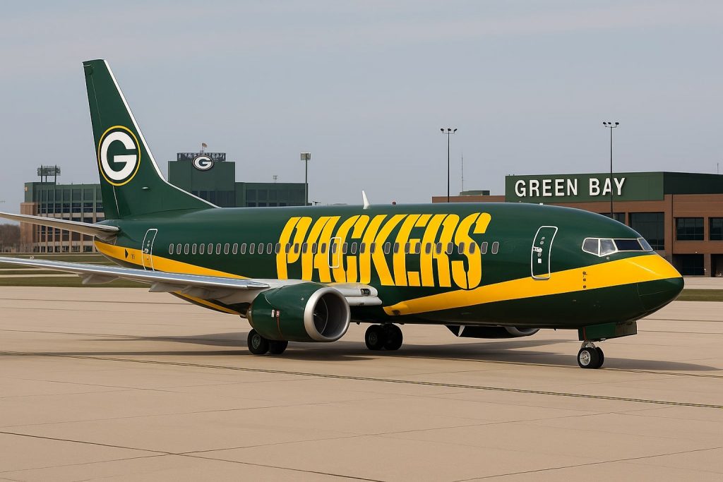 Ein grün-gelbes Flugzeug mit der Aufschrift "PACKERS" und dem Logo der Green Bay Packers steht auf dem Rollfeld eines Flughafens in Phoenix. Das Terminal mit dem Schriftzug "GREEN BAY" und dem Packers-Logo steht im Hintergrund und zeigt den speziellen Packers-Flug. Diese Beschreibung wurde mit der FootballR KI automatisch generiert.