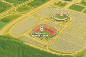 Luftaufnahme des GEHA Field im Arrowhead Stadium, der Heimat der dynamischen Chiefs-Offense, markiert mit einem Schild in der Mitte. Umgeben von großen Parkplätzen und Grünflächen liegt es neben einem anderen Stadion inmitten von Straßen und Bäumen. Diese Beschreibung wurde mit der FootballR KI automatisch generiert.