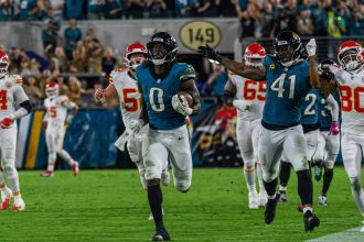 Ein Jacksonville Jaguars Spieler - Devin Lloyd - der Woche rennt mit dem Football in Richtung Endzone, dicht gefolgt von einem Teamkollegen und mehreren Verteidigern der Kansas City Chiefs in diesem spannenden NFL Woche 5 Spiel, während die Menge im Stadion jubelt. Diese Beschreibung wurde mit der FootballR KI automatisch generiert.