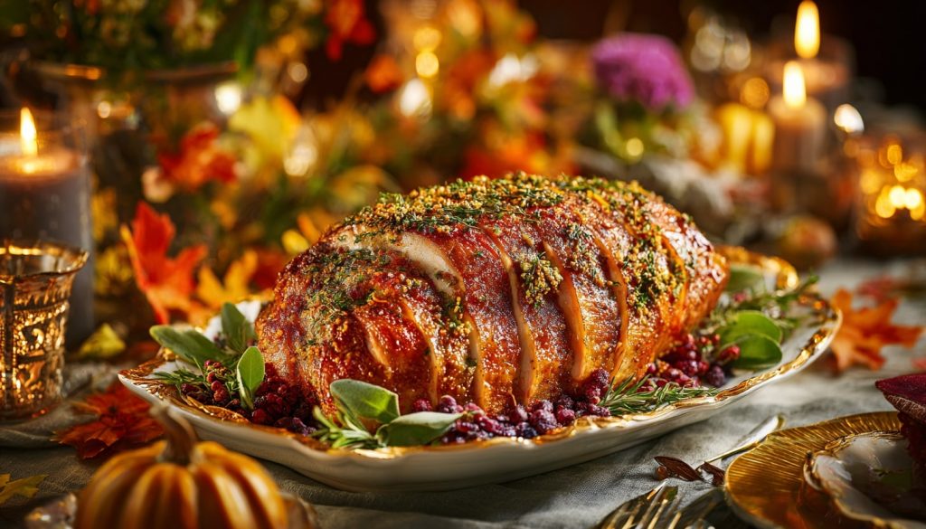 Eine gebratene Putenbrust, die in Scheiben geschnitten wurde, um saftige Schichten zu zeigen, wird mit Kräutern belegt und auf einer mit Preiselbeeren und Salbei garnierten Platte angerichtet. Warmes Kerzenlicht und herbstliches Dekor sorgen für eine festliche Thanksgiving-Atmosphäre. Diese Beschreibung wurde mit der FootballR KI automatisch generiert.