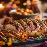 Ein goldbrauner Truthahnbraten in der Kräuterkruste liegt auf einem Tablett, garniert mit frischem Rosmarin und violetten Blüten. Zwei dicke Scheiben werden aufgeschnitten und geben den Blick auf das saftige Fleisch frei. Kerzen, Herbstblätter und festliches Geschirr leuchten in der sanft beleuchteten Thanksgiving-Kulisse. Diese Beschreibung wurde mit der FootballR KI automatisch generiert.