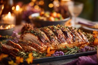 Ein goldbrauner Truthahnbraten in der Kräuterkruste liegt auf einem Tablett, garniert mit frischem Rosmarin und violetten Blüten. Zwei dicke Scheiben werden aufgeschnitten und geben den Blick auf das saftige Fleisch frei. Kerzen, Herbstblätter und festliches Geschirr leuchten in der sanft beleuchteten Thanksgiving-Kulisse. Diese Beschreibung wurde mit der FootballR KI automatisch generiert.