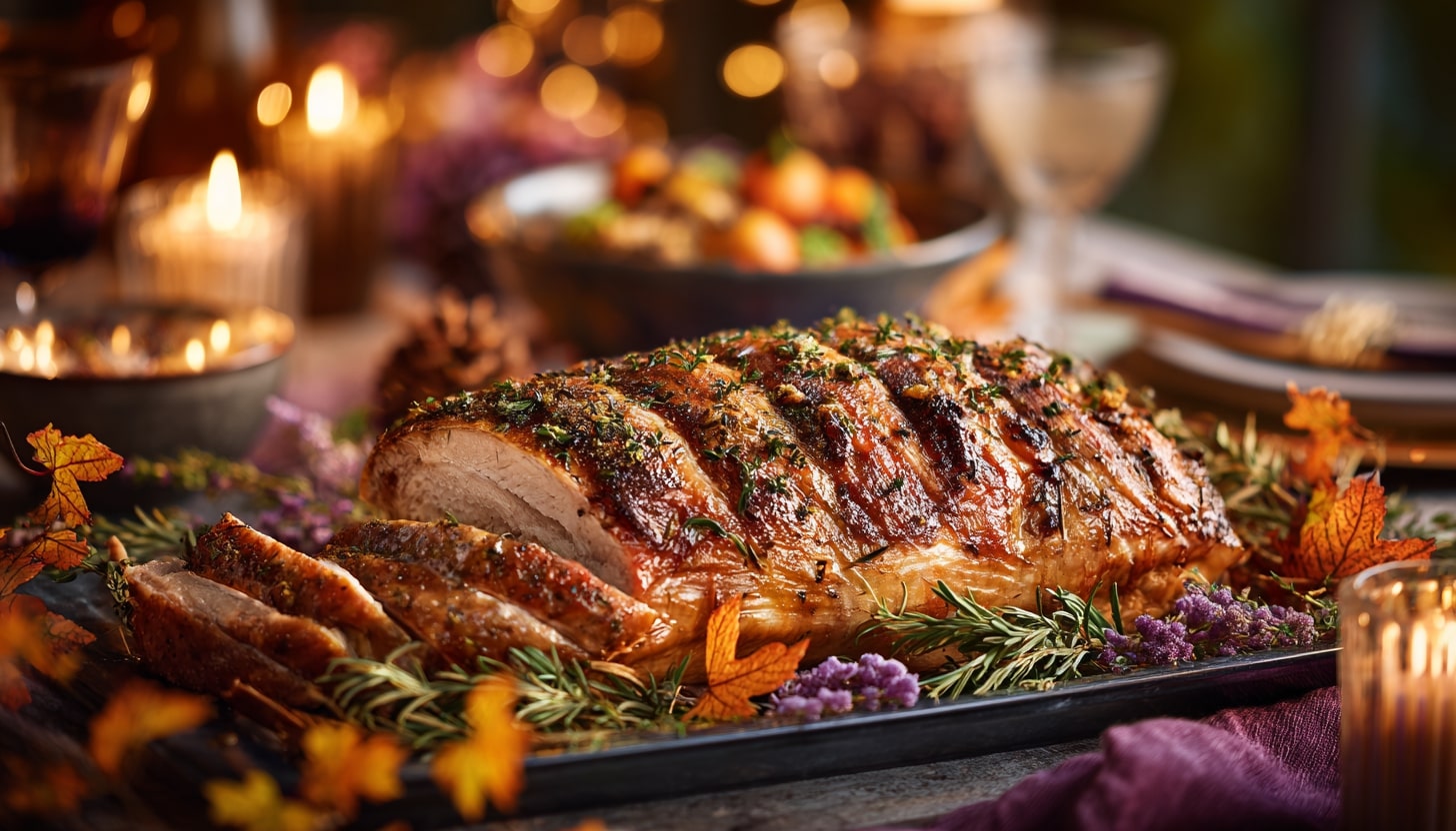 Ein goldbrauner Truthahnbraten in der Kräuterkruste liegt auf einem Tablett, garniert mit frischem Rosmarin und violetten Blüten. Zwei dicke Scheiben werden aufgeschnitten und geben den Blick auf das saftige Fleisch frei. Kerzen, Herbstblätter und festliches Geschirr leuchten in der sanft beleuchteten Thanksgiving-Kulisse. Diese Beschreibung wurde mit der FootballR KI automatisch generiert.