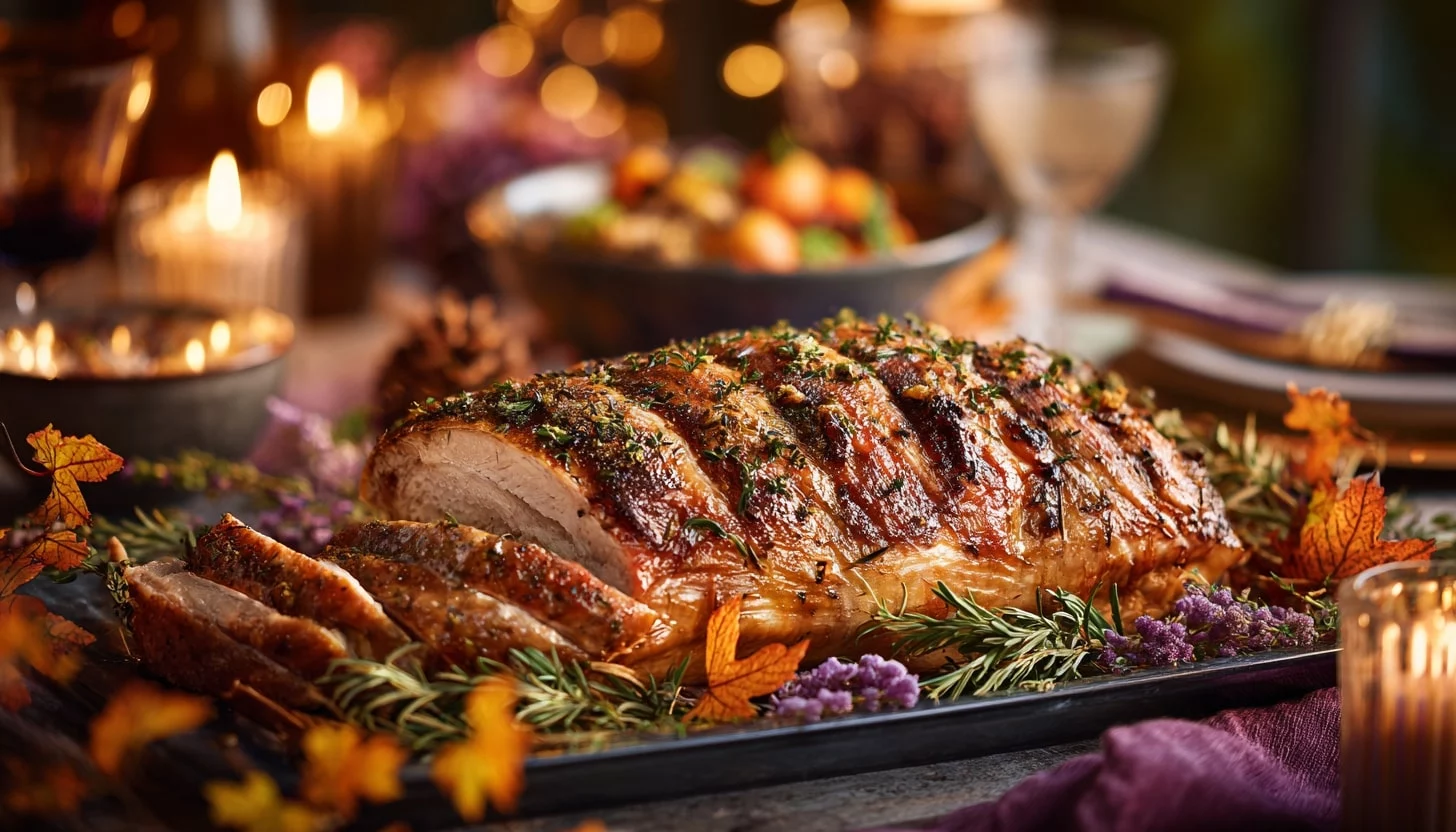 Ein goldbrauner Truthahnbraten in der Kräuterkruste liegt auf einem Tablett, garniert mit frischem Rosmarin und violetten Blüten. Zwei dicke Scheiben werden aufgeschnitten und geben den Blick auf das saftige Fleisch frei. Kerzen, Herbstblätter und festliches Geschirr leuchten in der sanft beleuchteten Thanksgiving-Kulisse. Diese Beschreibung wurde mit der FootballR KI automatisch generiert.