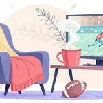 Zur Weihnachtszeit 2025 - Eine Illustration zeigt ein gemütliches Wohnzimmer mit einem blauen Sessel, der mit einer gelben Decke und einer roten Überwurfdecke drapiert ist, einem dampfenden Becher Popcorn auf dem Tisch, einem Fernseher, auf dem ein American-Football-Spiel läuft, einem roten Helm und einem Fußball auf dem Boden. Grünes Dekor umgibt die Szene. Diese Beschreibung wurde mit der FootballR KI automatisch generiert.