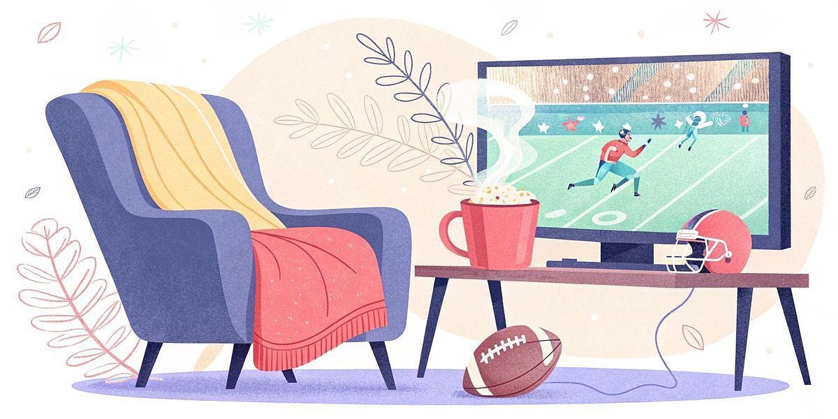 Zur Weihnachtszeit 2025 - Eine Illustration zeigt ein gemütliches Wohnzimmer mit einem blauen Sessel, der mit einer gelben Decke und einer roten Überwurfdecke drapiert ist, einem dampfenden Becher Popcorn auf dem Tisch, einem Fernseher, auf dem ein American-Football-Spiel läuft, einem roten Helm und einem Fußball auf dem Boden. Grünes Dekor umgibt die Szene. Diese Beschreibung wurde mit der FootballR KI automatisch generiert.