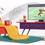 Black Friday Week - In einem gemütlichen Wohnzimmer stehen ein roter Sessel mit einer gelben Decke, eine dampfende Tasse und Bücher. Ein Fernseher zeigt einen Fußballspieler, der einen Pass fängt. Auf dem Fernsehtisch steht ein Fußballhelm. Laubdekorationen und Herbstblätter deuten auf ein Herbstsportthema hin. Diese Beschreibung wurde mit der FootballR KI automatisch generiert.