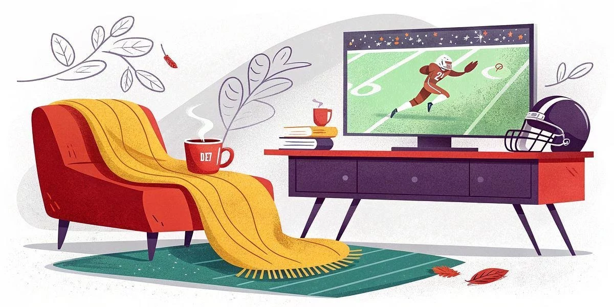 Black Friday Week - In einem gemütlichen Wohnzimmer stehen ein roter Sessel mit einer gelben Decke, eine dampfende Tasse und Bücher. Ein Fernseher zeigt einen Fußballspieler, der einen Pass fängt. Auf dem Fernsehtisch steht ein Fußballhelm. Laubdekorationen und Herbstblätter deuten auf ein Herbstsportthema hin. Diese Beschreibung wurde mit der FootballR KI automatisch generiert.
