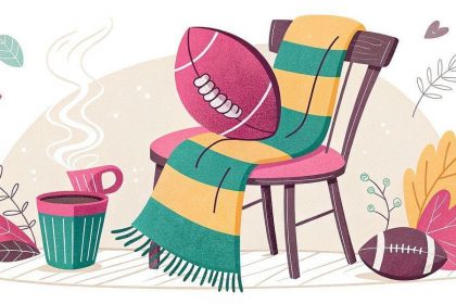 Black Friday - Ein illustrierter Stuhl, über den ein gelber und grüner Schal drapiert ist, ein Football, der auf dem Sitz ruht, eine dampfende Tasse und ein Becher in der Nähe und Herbstblätter, Zweige und ein weiterer Fußball auf dem Boden um den Stuhl herum. Die Szene ist gemütlich und farbenfroh. Diese Beschreibung wurde mit der FootballR KI automatisch generiert.