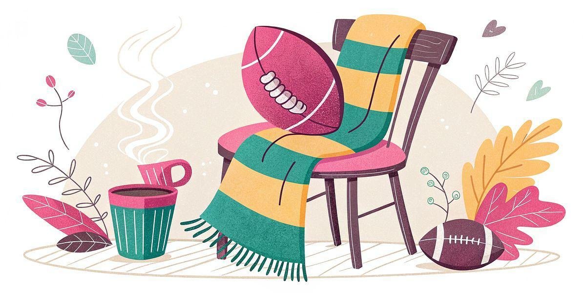 Black Friday - Ein illustrierter Stuhl, über den ein gelber und grüner Schal drapiert ist, ein Football, der auf dem Sitz ruht, eine dampfende Tasse und ein Becher in der Nähe und Herbstblätter, Zweige und ein weiterer Fußball auf dem Boden um den Stuhl herum. Die Szene ist gemütlich und farbenfroh. Diese Beschreibung wurde mit der FootballR KI automatisch generiert.