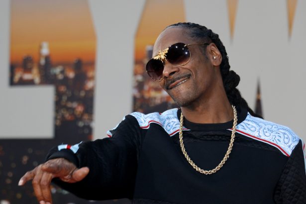 Ein Mann mit langen Zöpfen, der eine schwarze Sonnenbrille, eine goldene Kette und einen schwarzen Pullover mit weißen und blauen Mustern trägt, lächelt und gestikuliert mit einer Hand. Die Stimmung erinnert an Snoop Dogg bei einer NFL-Weihnachtshalbzeitshow vor dem Hintergrund einer untergehenden Stadtkulisse. Diese Beschreibung wurde mit der FootballR KI automatisch generiert.