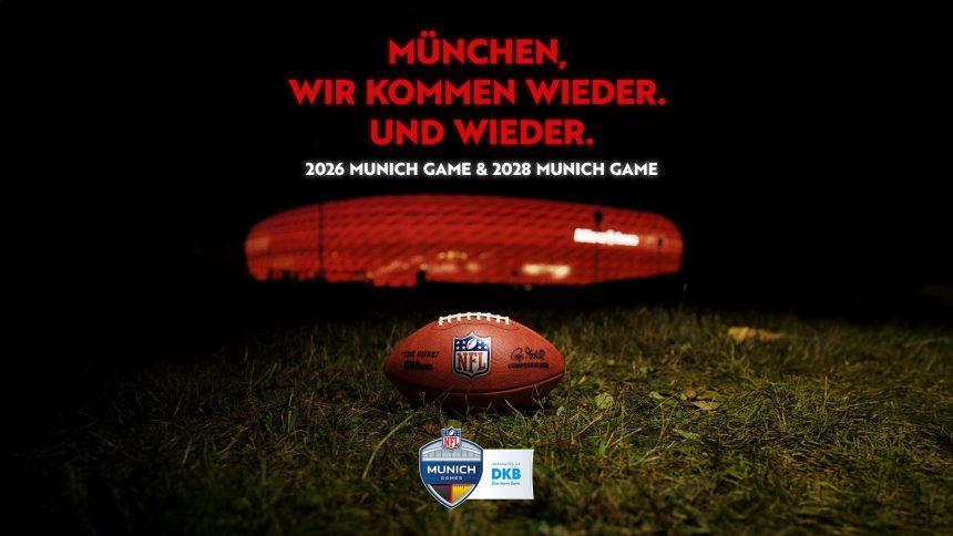 Ein Football liegt nachts auf dem Rasen vor einem leuchtend roten Stadion. Darüber steht in fetter roter Schrift: "München, wir kommen wieder. Und wieder." Darunter kündigt weißer Text die NFL-München-Spiele 2026 und 2028 mit DKB-Logos am unteren Rand an. Diese Beschreibung wurde mit der FootballR KI automatisch generiert.