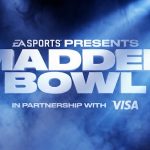 Der fette, metallische Text "EA Sports Presents Madden Bowl in partnership with Visa" steht vor einem dramatischen, rauchblauen Hintergrund - wie ein automatisch gespeicherter Entwurf, der durch Lichtstrahlen zum Leben erweckt wird und eine energiegeladene und intensive Atmosphäre schafft. Diese Beschreibung wurde mit der FootballR KI automatisch generiert.