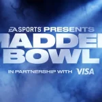 Der fette, metallische Text "EA Sports Presents Madden Bowl in partnership with Visa" steht vor einem dramatischen, rauchblauen Hintergrund - wie ein automatisch gespeicherter Entwurf, der durch Lichtstrahlen zum Leben erweckt wird und eine energiegeladene und intensive Atmosphäre schafft. Diese Beschreibung wurde mit der FootballR KI automatisch generiert.