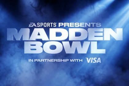 Der fette, metallische Text "EA Sports Presents Madden Bowl in partnership with Visa" steht vor einem dramatischen, rauchblauen Hintergrund - wie ein automatisch gespeicherter Entwurf, der durch Lichtstrahlen zum Leben erweckt wird und eine energiegeladene und intensive Atmosphäre schafft. Diese Beschreibung wurde mit der FootballR KI automatisch generiert.