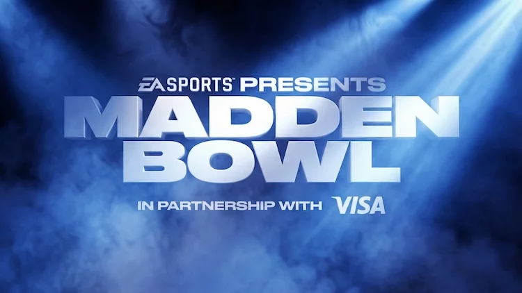 Der fette, metallische Text "EA Sports Presents Madden Bowl in partnership with Visa" steht vor einem dramatischen, rauchblauen Hintergrund - wie ein automatisch gespeicherter Entwurf, der durch Lichtstrahlen zum Leben erweckt wird und eine energiegeladene und intensive Atmosphäre schafft. Diese Beschreibung wurde mit der FootballR KI automatisch generiert.