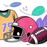 Illustration eines American-Football-Trikots mit der Nummer 79, einem rosa Football-Helm und einem Football. Der Hintergrund zeigt bunte, abstrakte Blätter und Formen in Blau-, Lila- und Grüntönen, die ein verspieltes und lebendiges Gefühl vermitteln. Diese Beschreibung wurde mit der FootballR KI automatisch generiert.