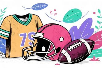 Illustration eines American-Football-Trikots mit der Nummer 79, einem rosa Football-Helm und einem Football. Der Hintergrund zeigt bunte, abstrakte Blätter und Formen in Blau-, Lila- und Grüntönen, die ein verspieltes und lebendiges Gefühl vermitteln. Diese Beschreibung wurde mit der FootballR KI automatisch generiert.