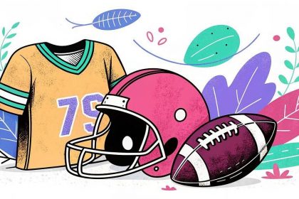 Illustration eines American-Football-Trikots mit der Nummer 79, einem rosa Football-Helm und einem Football. Der Hintergrund zeigt bunte, abstrakte Blätter und Formen in Blau-, Lila- und Grüntönen, die ein verspieltes und lebendiges Gefühl vermitteln. Diese Beschreibung wurde mit der FootballR KI automatisch generiert.