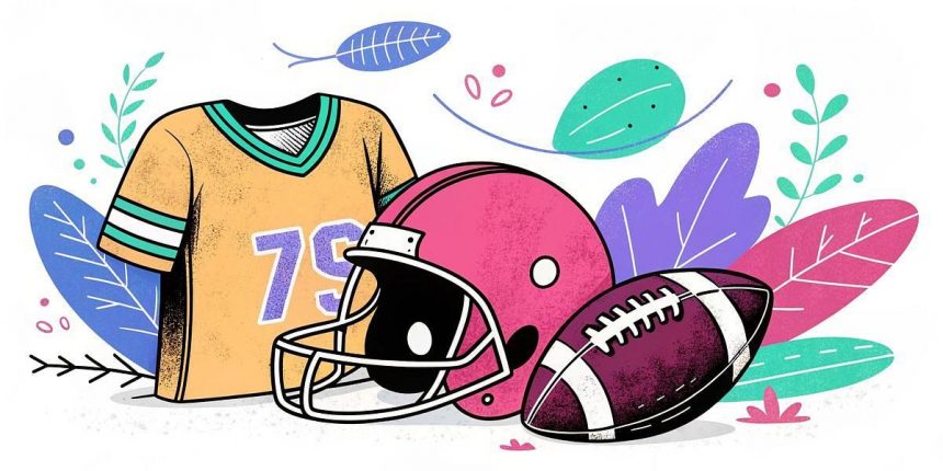Illustration eines American-Football-Trikots mit der Nummer 79, einem rosa Football-Helm und einem Football. Der Hintergrund zeigt bunte, abstrakte Blätter und Formen in Blau-, Lila- und Grüntönen, die ein verspieltes und lebendiges Gefühl vermitteln. Diese Beschreibung wurde mit der FootballR KI automatisch generiert.