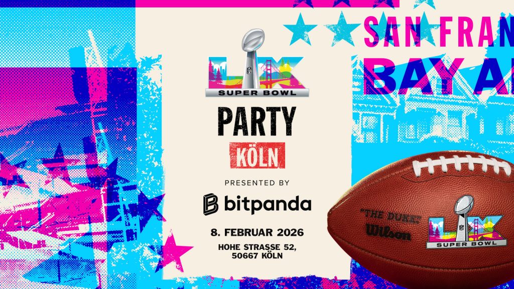 Buntes digitales Plakat für eine NFL Super Bowl LX Party in Köln. Mit Football, Konfetti, Motiven der amerikanischen Flagge und fettem Text: "Super Bowl LIX Party Köln, präsentiert von Bitpanda, 8. Februar 2026, Hohe Straße 52, 50667 Köln. Diese Beschreibung wurde mit der FootballR KI automatisch generiert.