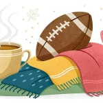 Eine dampfende Tasse, ein großer Fußball und ein kleiner Fußball sitzen auf bunten Tüchern, umgeben von illustrierten Blättern und Zweigen. Die Szene wirkt gemütlich und herbstlich, mit warmen und erdigen Tönen im gesamten Bild. Diese Beschreibung wurde mit der FootballR KI automatisch generiert.