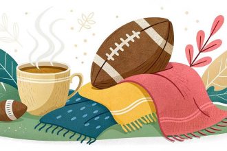 Eine dampfende Tasse, ein großer Fußball und ein kleiner Fußball sitzen auf bunten Tüchern, umgeben von illustrierten Blättern und Zweigen. Die Szene wirkt gemütlich und herbstlich, mit warmen und erdigen Tönen im gesamten Bild. Diese Beschreibung wurde mit der FootballR KI automatisch generiert.