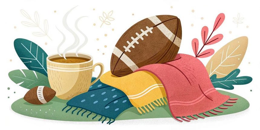 Eine dampfende Tasse, ein großer Fußball und ein kleiner Fußball sitzen auf bunten Tüchern, umgeben von illustrierten Blättern und Zweigen. Die Szene wirkt gemütlich und herbstlich, mit warmen und erdigen Tönen im gesamten Bild. Diese Beschreibung wurde mit der FootballR KI automatisch generiert.