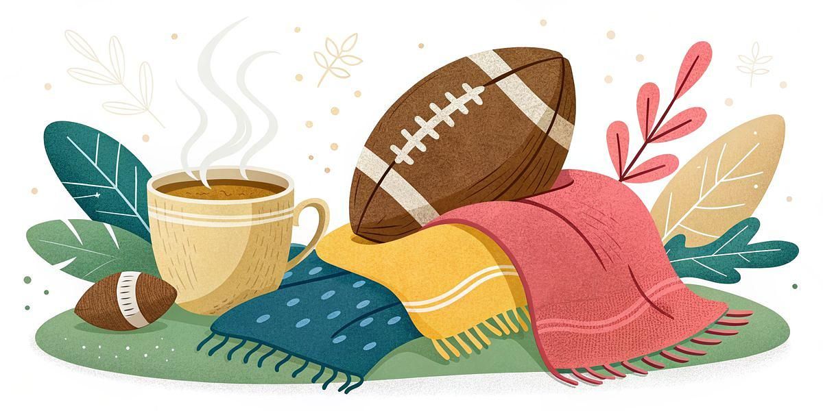 Eine dampfende Tasse, ein großer Fußball und ein kleiner Fußball sitzen auf bunten Tüchern, umgeben von illustrierten Blättern und Zweigen. Die Szene wirkt gemütlich und herbstlich, mit warmen und erdigen Tönen im gesamten Bild. Diese Beschreibung wurde mit der FootballR KI automatisch generiert.