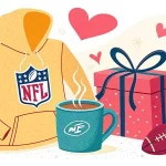 Illustration eines NFL-Kapuzenpullis, eines dampfenden blauen Bechers mit NFL-Logo, einer verpackten Geschenkbox mit Schleife und einem Football. Blätter und Herzen schmücken den Hintergrund und rufen eine gemütliche und fröhliche Atmosphäre hervor. Diese Beschreibung wurde mit der FootballR KI automatisch generiert.