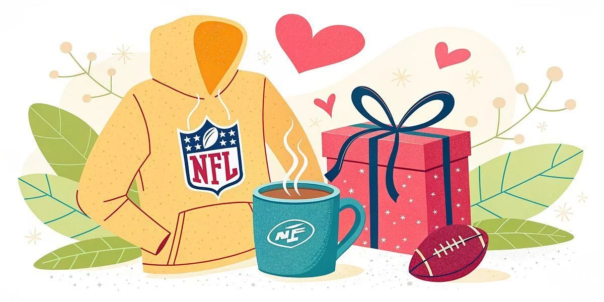 Illustration eines NFL-Kapuzenpullis, eines dampfenden blauen Bechers mit NFL-Logo, einer verpackten Geschenkbox mit Schleife und einem Football. Blätter und Herzen schmücken den Hintergrund und rufen eine gemütliche und fröhliche Atmosphäre hervor. Diese Beschreibung wurde mit der FootballR KI automatisch generiert.