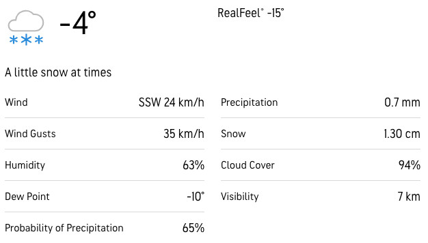 Der Wetterbericht zeigt eine Temperatur von -4°C mit leichtem Schnee, RealFeel -15°C-pure Kälte. Wind SSW mit 24 km/h mit Böen bis 35 km/h. Luftfeuchtigkeit 63%, Taupunkt -10°C. Schnee 1,3 cm, 94% Bewölkung und eine 65%ige Niederschlagswahrscheinlichkeit. Diese Beschreibung wurde mit der FootballR KI automatisch generiert.