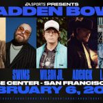 Ein Werbeplakat für Madden Bowl 2026 zeigt fünf Künstler - Combs, Swims, Wilson Jr., Adcock und Larussell - mit Headshots in separaten Panels. Die Veranstaltungsdetails lauten wie folgt: "Chase Center - San Francisco, CA, 6. Februar 2026". Die Logos von EA Sports und Visa sind zu sehen. Diese Beschreibung wurde mit der FootballR KI automatisch generiert.