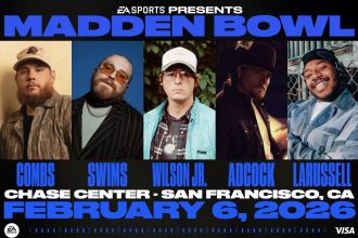 Ein Werbeplakat für Madden Bowl 2026 zeigt fünf Künstler - Combs, Swims, Wilson Jr., Adcock und Larussell - mit Headshots in separaten Panels. Die Veranstaltungsdetails lauten wie folgt: "Chase Center - San Francisco, CA, 6. Februar 2026". Die Logos von EA Sports und Visa sind zu sehen. Diese Beschreibung wurde mit der FootballR KI automatisch generiert.