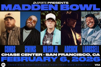 Ein Werbeplakat für Madden Bowl 2026 zeigt fünf Künstler - Combs, Swims, Wilson Jr., Adcock und Larussell - mit Headshots in separaten Panels. Die Veranstaltungsdetails lauten wie folgt: "Chase Center - San Francisco, CA, 6. Februar 2026". Die Logos von EA Sports und Visa sind zu sehen. Diese Beschreibung wurde mit der FootballR KI automatisch generiert.