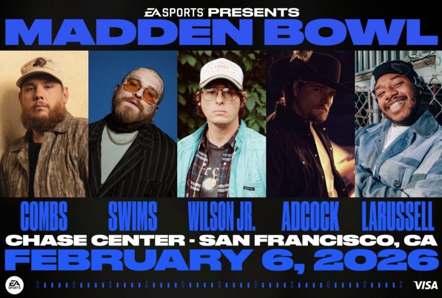 Ein Werbeplakat für Madden Bowl 2026 zeigt fünf Künstler - Combs, Swims, Wilson Jr., Adcock und Larussell - mit Headshots in separaten Panels. Die Veranstaltungsdetails lauten wie folgt: "Chase Center - San Francisco, CA, 6. Februar 2026". Die Logos von EA Sports und Visa sind zu sehen. Diese Beschreibung wurde mit der FootballR KI automatisch generiert.