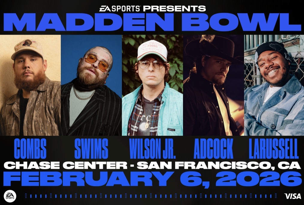 Ein Werbeplakat für Madden Bowl 2026 zeigt fünf Künstler - Combs, Swims, Wilson Jr., Adcock und Larussell - mit Headshots in separaten Panels. Die Veranstaltungsdetails lauten wie folgt: "Chase Center - San Francisco, CA, 6. Februar 2026". Die Logos von EA Sports und Visa sind zu sehen. Diese Beschreibung wurde mit der FootballR KI automatisch generiert.