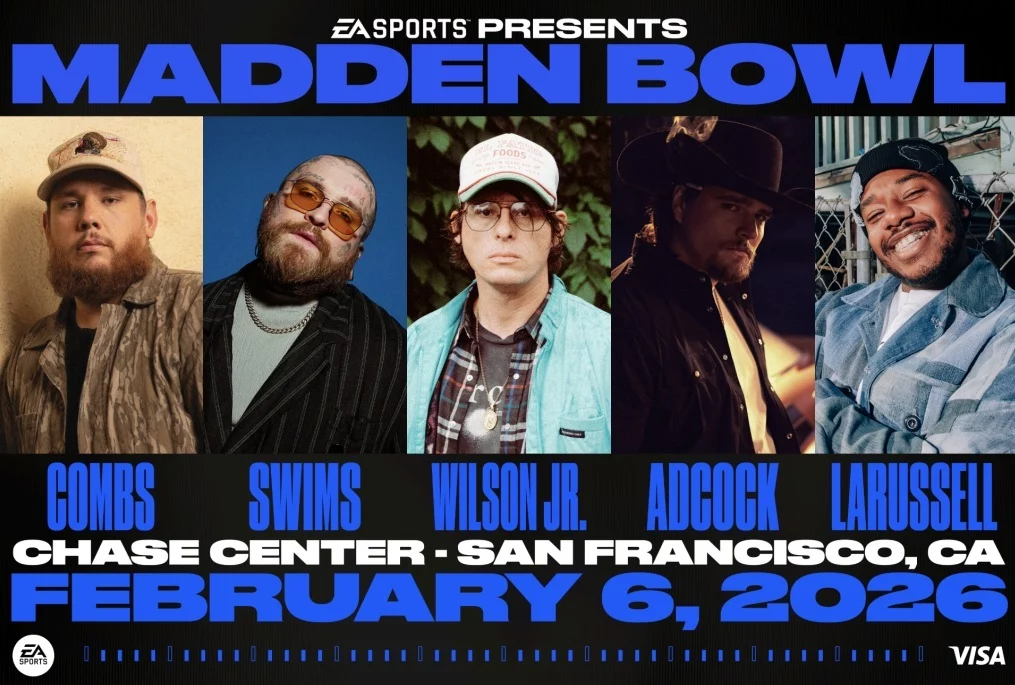 Ein Werbeplakat für Madden Bowl 2026 zeigt fünf Künstler - Combs, Swims, Wilson Jr., Adcock und Larussell - mit Headshots in separaten Panels. Die Veranstaltungsdetails lauten wie folgt: "Chase Center - San Francisco, CA, 6. Februar 2026". Die Logos von EA Sports und Visa sind zu sehen. Diese Beschreibung wurde mit der FootballR KI automatisch generiert.