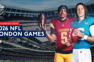 Zwei NFL-Spieler stehen in einem Stadion und halten Fußbälle, während ein Text die NFL London Games 2026 mit den Jacksonville Jaguars im Tottenham Hotspur Stadium und im Wembley Stadium ankündigt. Alt-Text wurde KI-generiert.