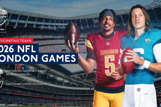 Zwei NFL-Spieler stehen in einem Stadion und halten Fußbälle, während ein Text die NFL London Games 2026 mit den Jacksonville Jaguars im Tottenham Hotspur Stadium und im Wembley Stadium ankündigt. Alt-Text wurde KI-generiert.